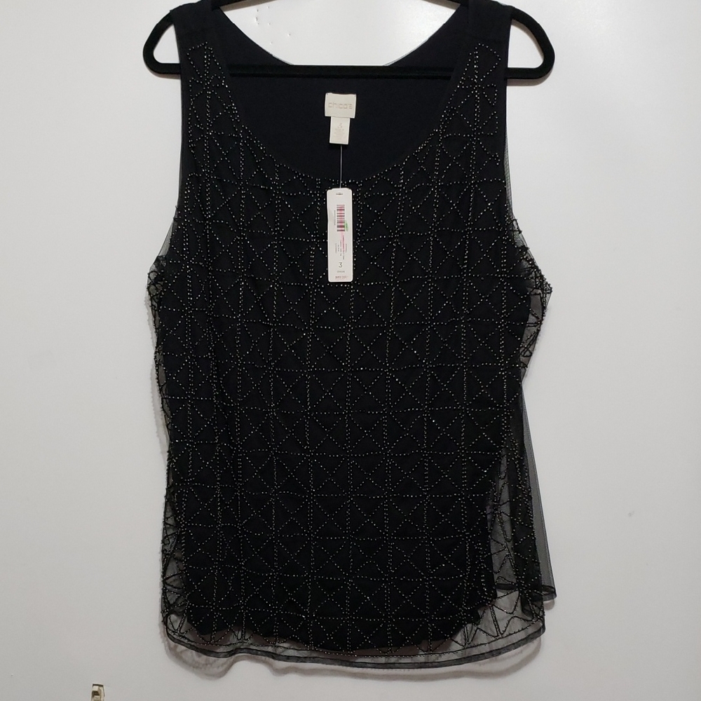 CHICO 'S 3 (XL/16) Embellished Geo Overlay Elegant Black Sleeveless Top NWT